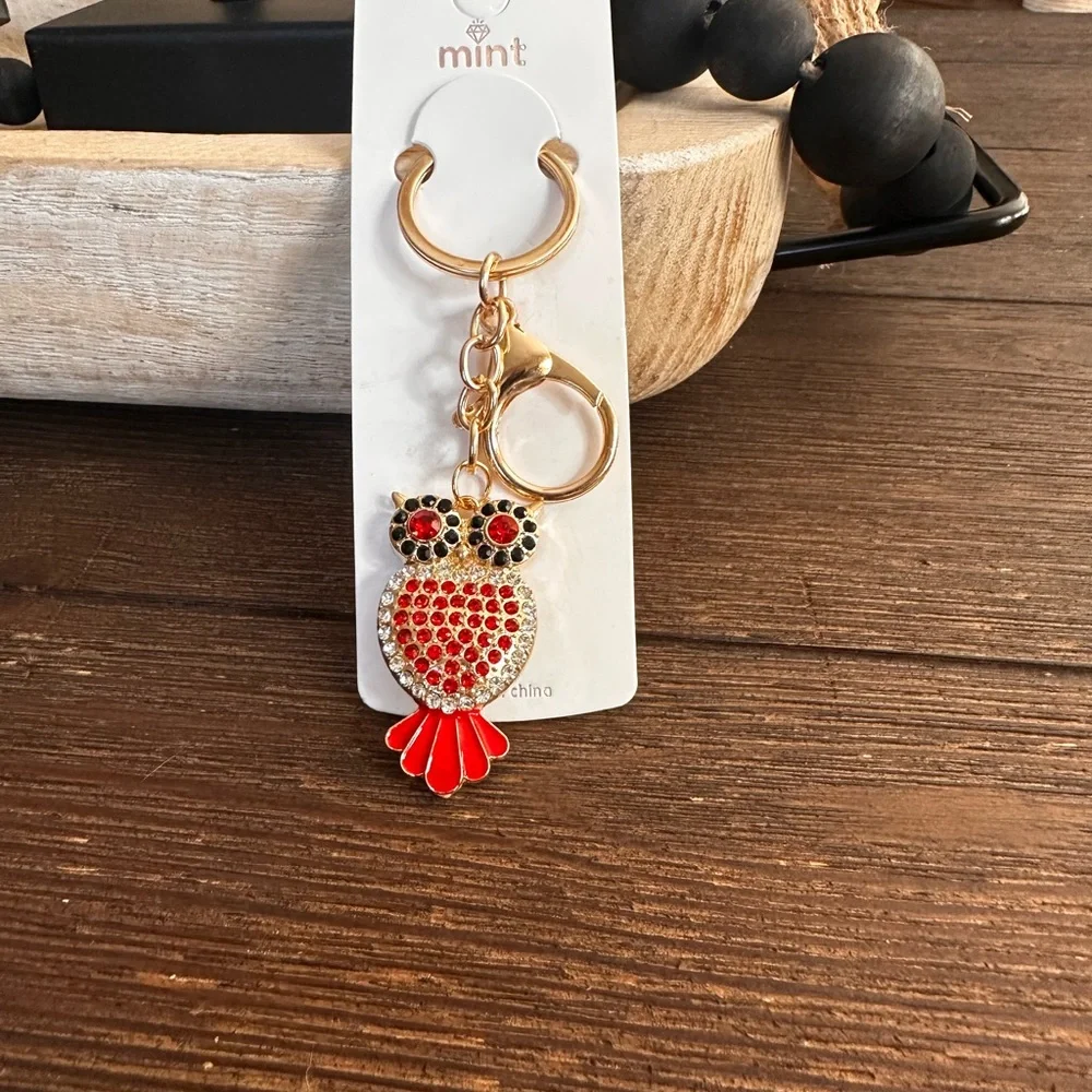 Keychain Red and Gold rhinestone Owl metal